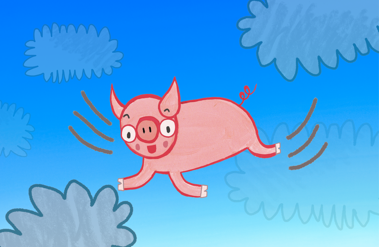 A cartoon pig in the sky surrounded by clouds.