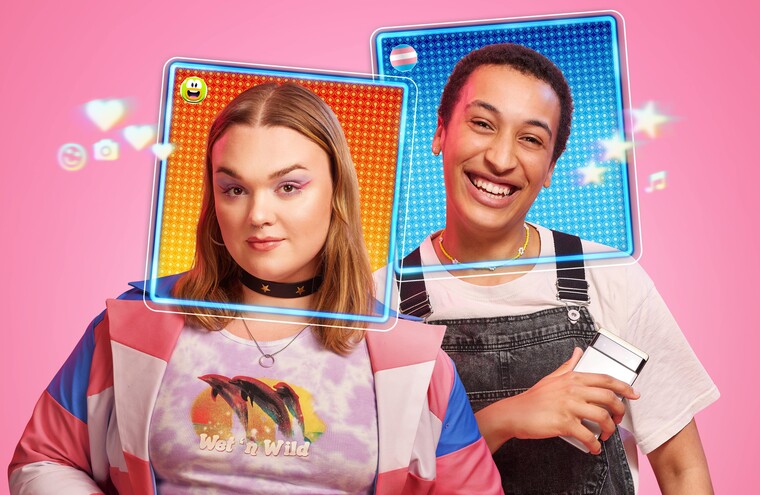 Two people with social media squares framing their head.