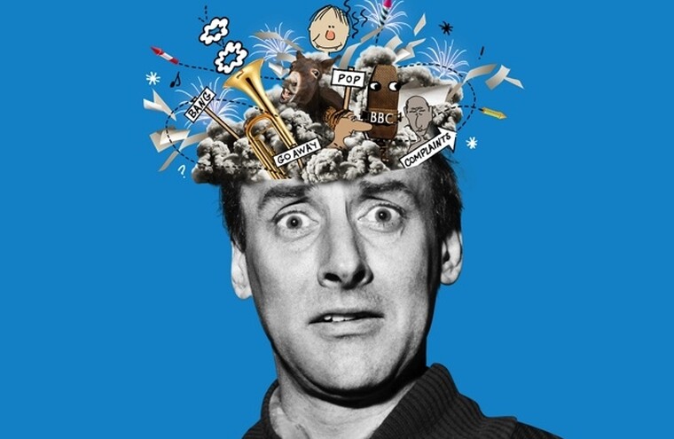 A black & white image of Spike Milligan with a confused expression on his face. Cartoon images are coming out of the top of his head with random items featured, including a trumpet and a donkey. and words that read BANG, GO AWAY, POP, BBC and COMPLAINTS