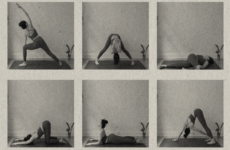 6 photographs of the same woman posing in different yoga positions.