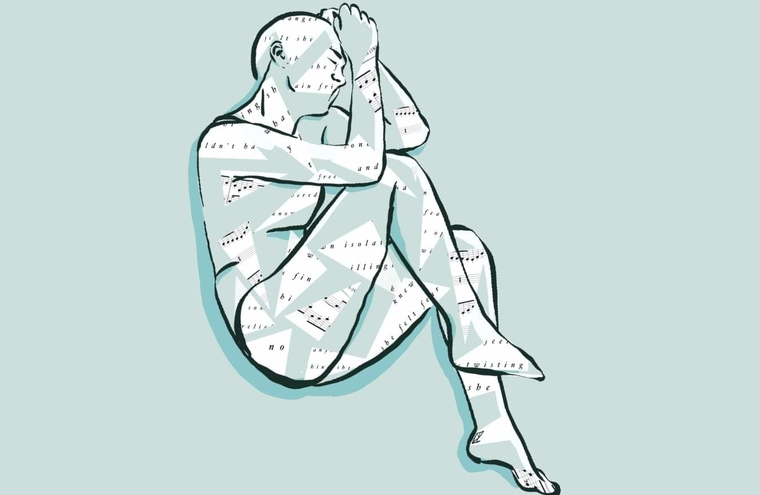 Sketch of a person lying down, curled up in a foetal position.