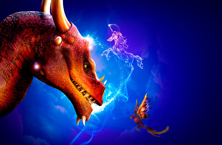 Closeup of a cartoon dragon. A magical bird flies in front of it.