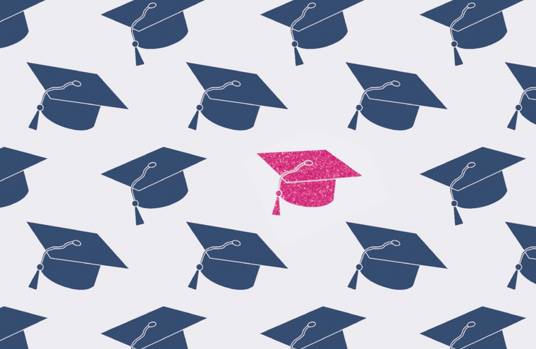 Drawings of graduation caps. All of these are in a dark blue colour whilst one of them is bright pink.