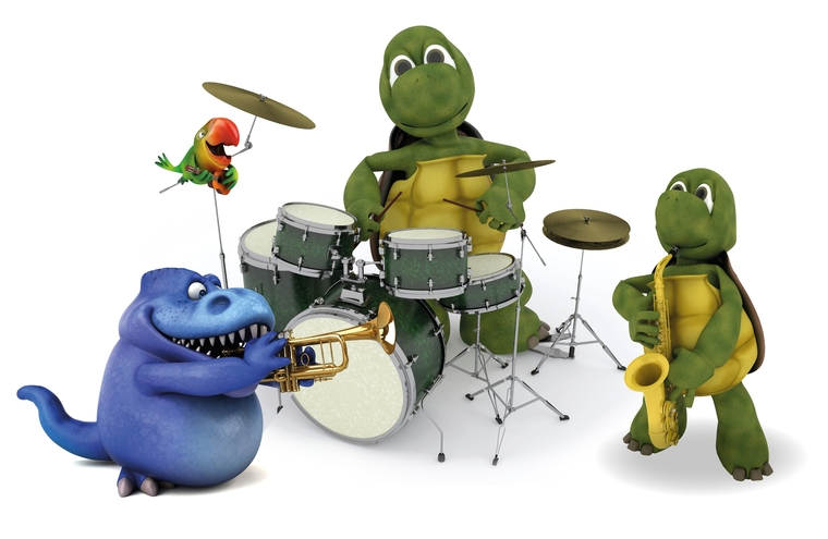 Group of cartoon creatures playing musical instruments. A dinosaur plays the Trumpet, a tropical bird plays a guitar and 2 turtles play drums and a saxaphone.