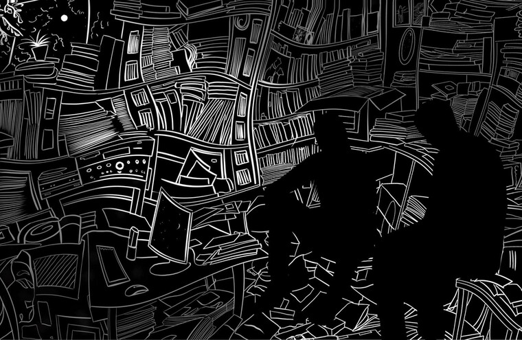 Abstract cartoon drawing showing the silhouettes of two people sat in an office.