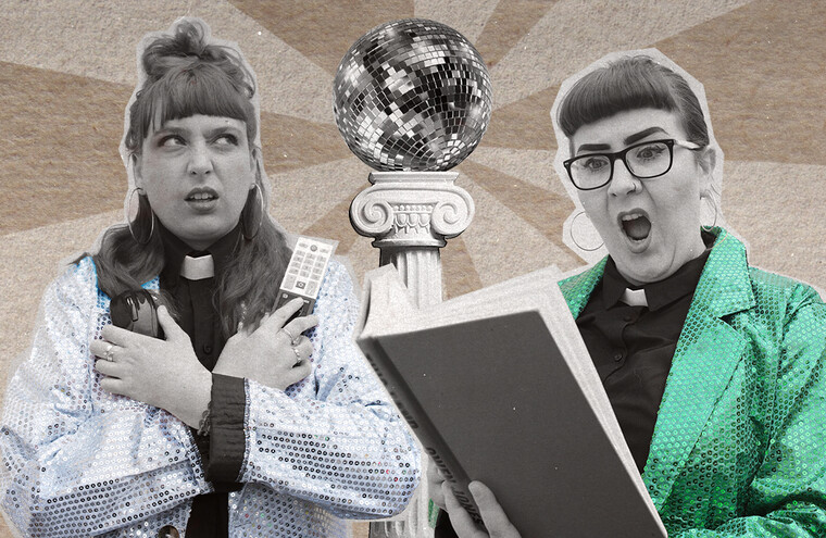 Two people in sparkly blazers and vicar's dog collars. One holds a book and another holds a computer mouse and remote. There is a disco ball mounted on a Grecian column between them.