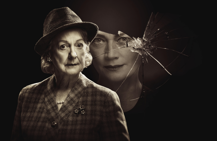 A black and white photo of Miss Marple. There is a young woman reflected in a cracked mirror behind her.