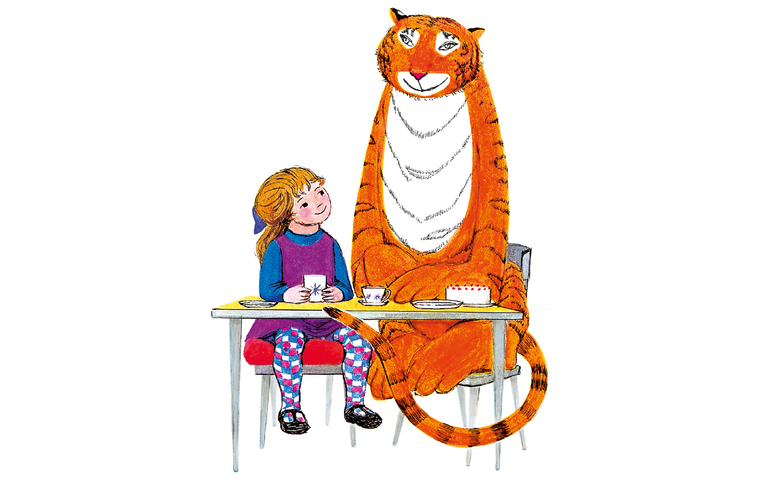 Illustration of Sophie and The Tiger, sat at a table together.