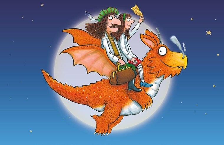 Two doctors flying on the back of ZOG in the moonlight.