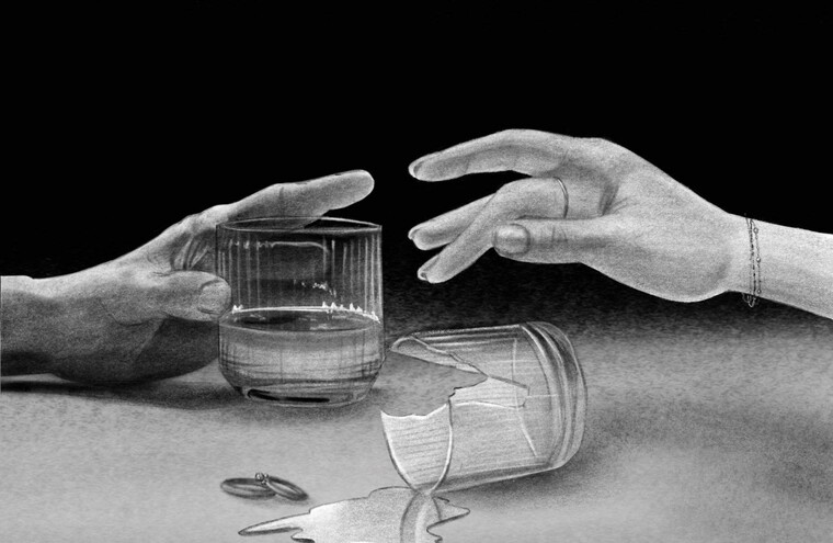 A sketch of two hands reaching across a surface. One hand clutches a glass half full, the other hovers over a broken glass which has spilled.