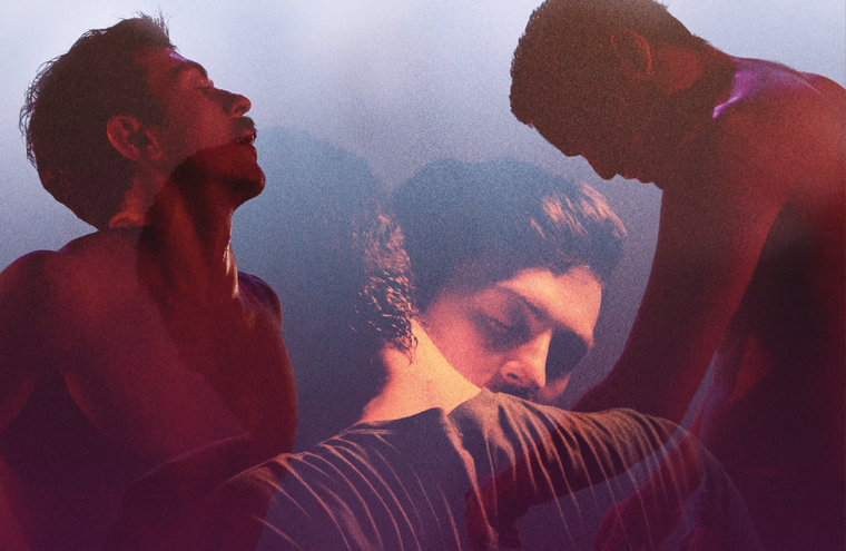 Two dancers overlay an image of two men in an embrace.