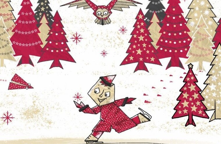 An illustration of an origami character skating, surrounded by red and gold paper trees. A paper owl flies above.