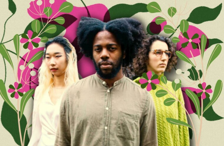 Three of the cast from The Tempest surrounded by illustrated pink and green plants.