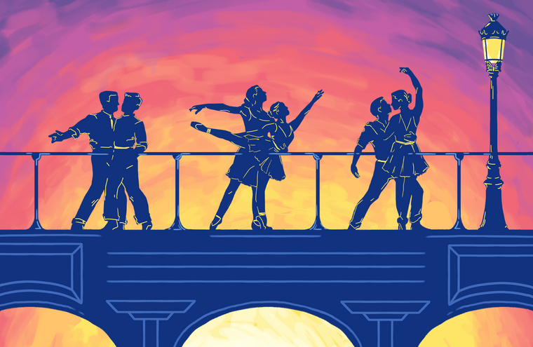 An illustration of three couples of a blue bridge. A sunset is behind them.