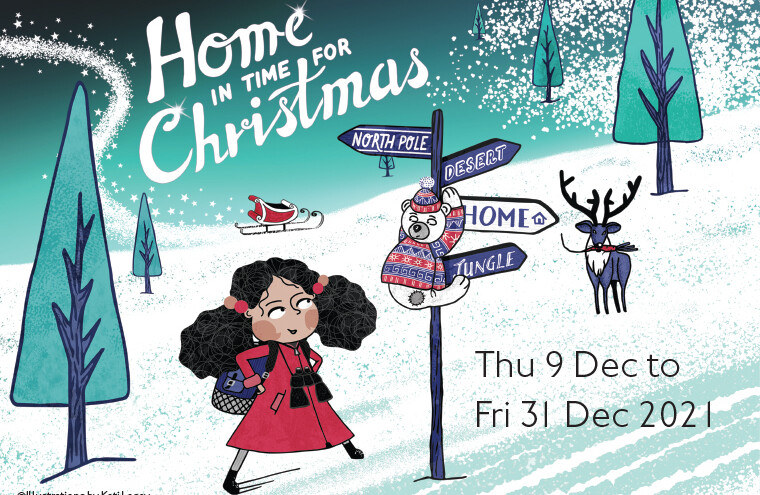 A cartoon drawing of a young girl walking in the snow. In the background there are trees, a sleigh and a teddy bear hanging on a sign directing her to the 'North Pole', 'Desert', 'Home' and 'Jungle'.